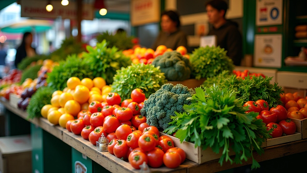 Fresh vegetables and herbs arranged on a wooden table at a Hong Kong wet market with natural morning light