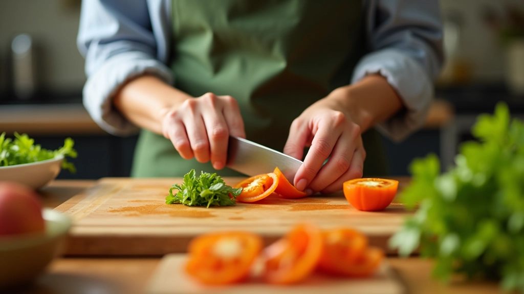 Hands chopping vegetables on wooden cutting board with mise en place containers arranged showing organized prep workflow