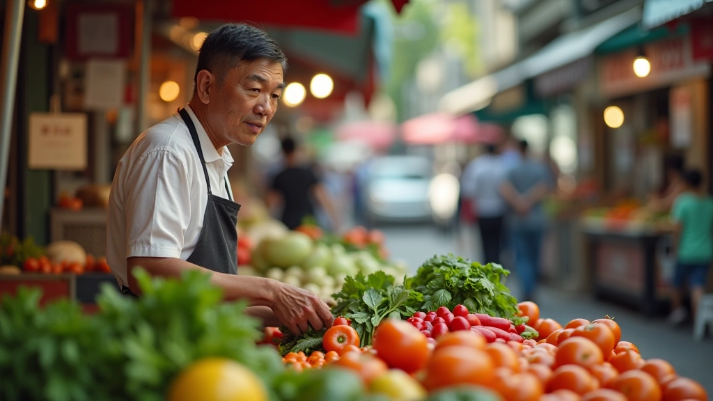 Vendors arranging fresh vegetables and produce at a traditional Hong Kong wet market stall