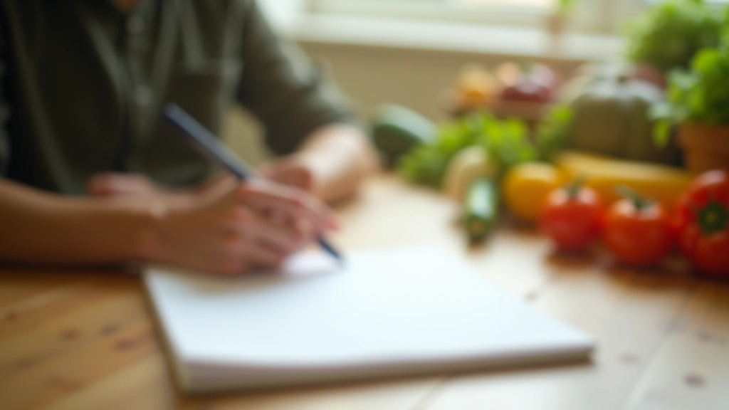 A kitchen table with a notebook, vegetables, and meal planning notes showing weekly meal organization