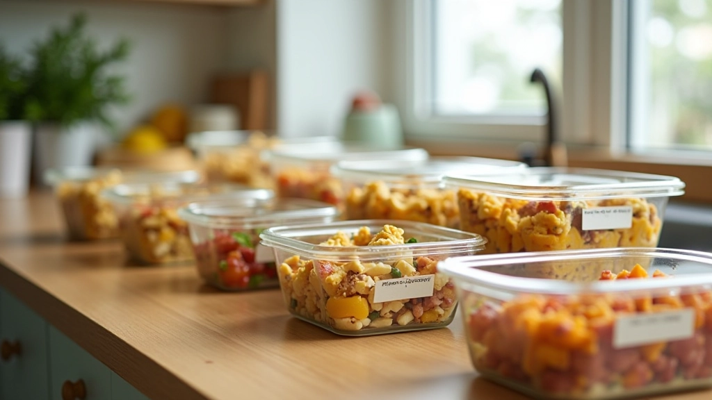 Kitchen countertop with batch-cooked meal containers organized by day of the week with labels and portions visible