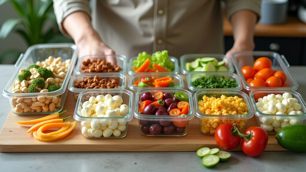 Variety of prepared meal containers with different dishes and fresh garnishes arranged on kitchen counter showing completed batch cooking results