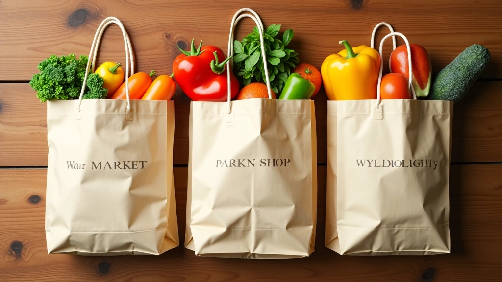 Organized shopping bags categorized by store and product type, showing efficient multi-store shopping strategy