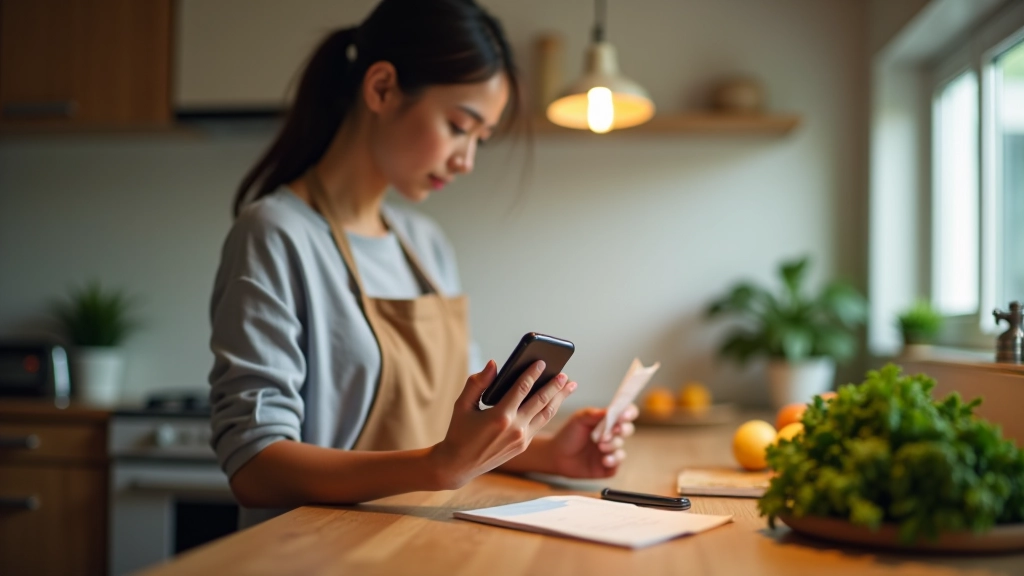 Person holding smartphone at kitchen counter with grocery receipt and calculator, reviewing purchases and loyalty app rewards