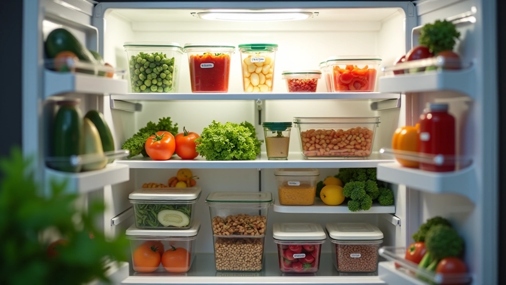 Family meal prep setup with labeled containers organized in refrigerator shelves with fresh ingredients visible