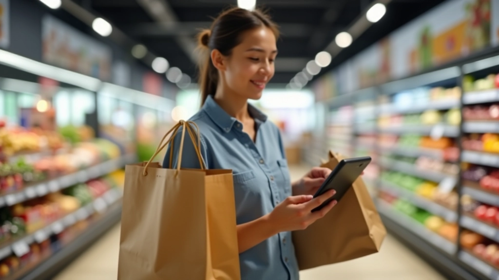 Shopping bags with fresh groceries and price comparison charts displayed on a tablet