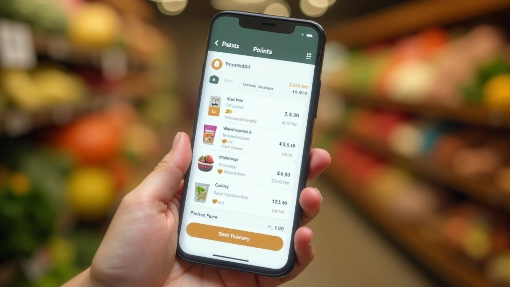 Close-up of smartphone screen showing loyalty app rewards points dashboard with accumulated points and available discounts displayed clearly