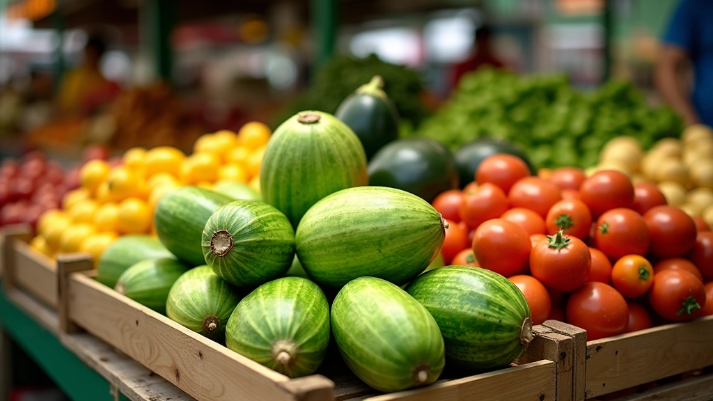 Summer produce including bitter melon, eggplant, and fresh tomatoes arranged on a wet market table