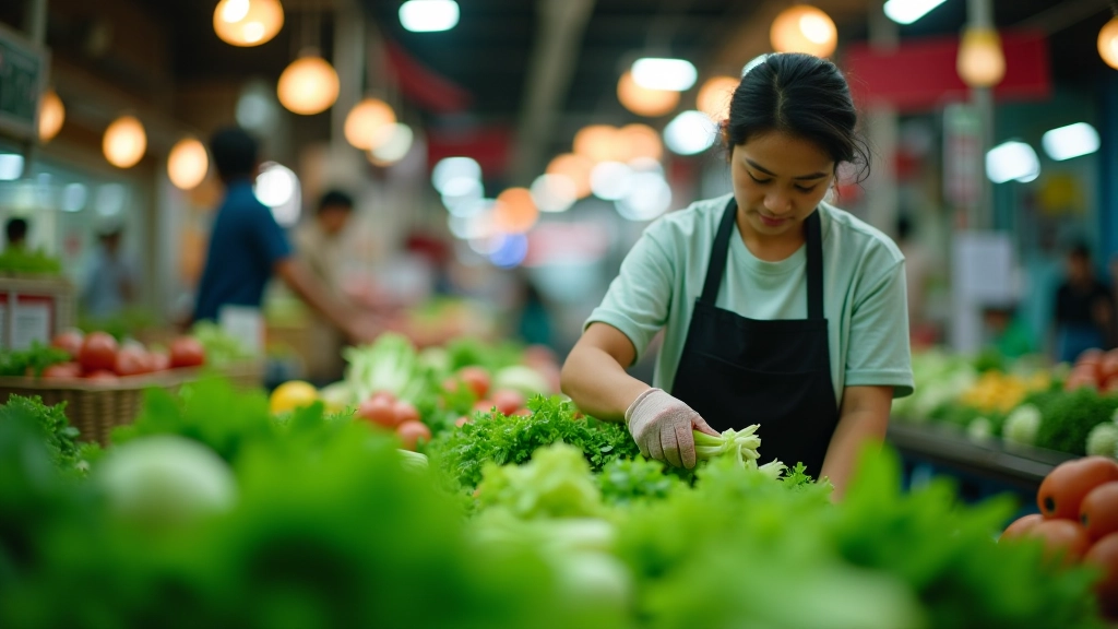 Spring vegetables including choy sum and gai lan displayed at a wet market stall with price signs