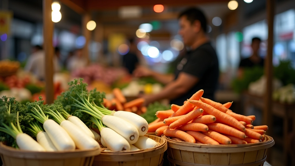 Autumn root vegetables including carrots, daikon, and taro arranged in baskets at a wet market